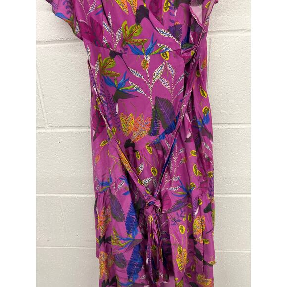 Tanya Taylor Sz 4 Pink Leaves Floral Print Silk Ruffled Hi-Low Wrap Midi Dress - Picture 4 of 7